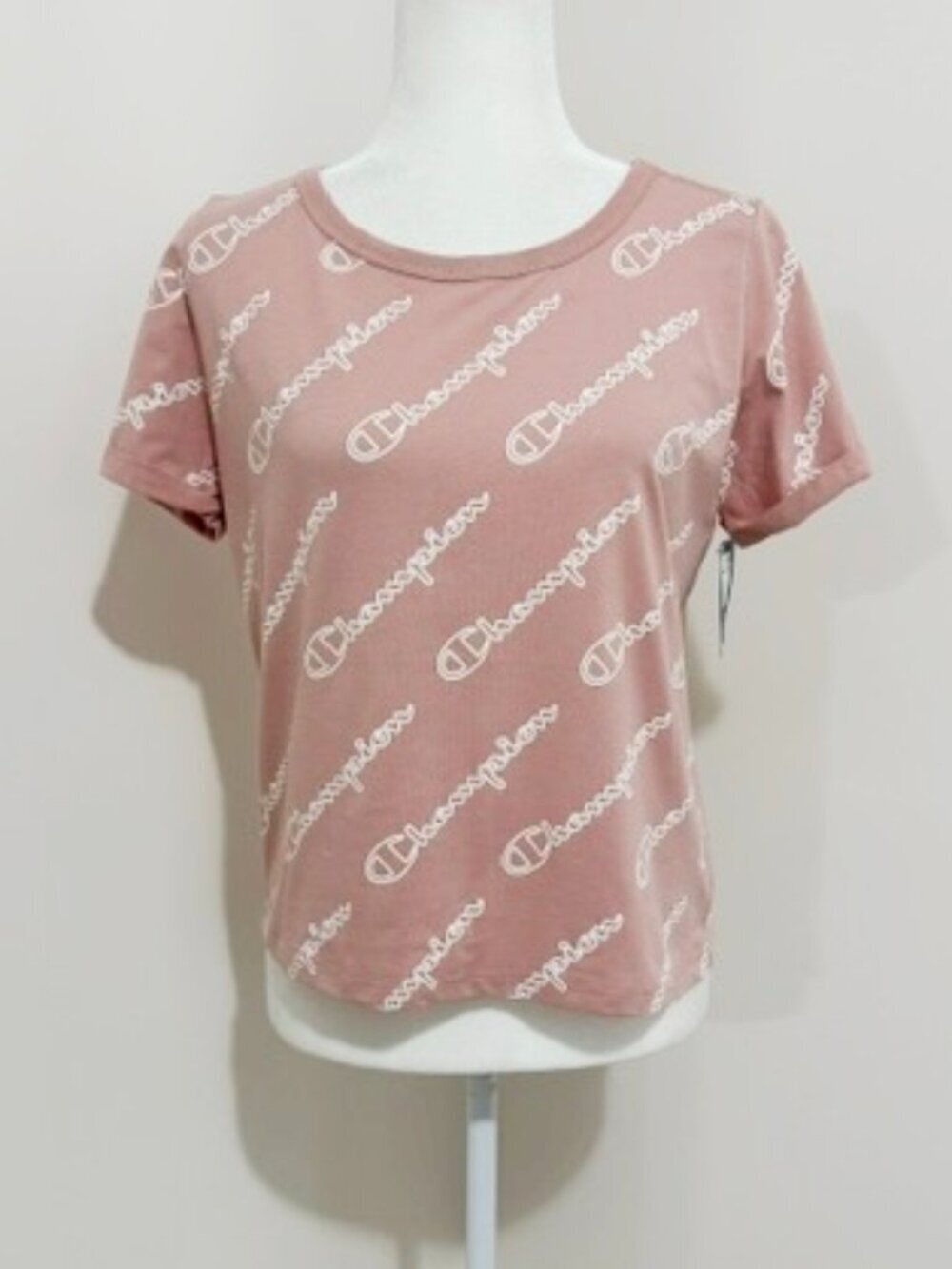 Champion Pink Allover Logo Print T Shirt Vintage Dye Tee Women's Size S NWT